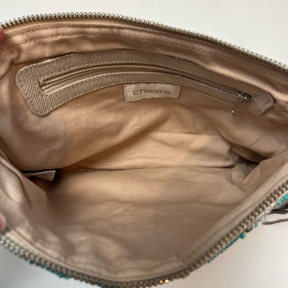 NWT Chico's Clutch Bag Beaded Embroidered Geometric Tassel Zipper Aqua Silver - Picture 8 of 11